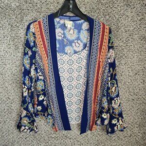 Fig & Flower Top Womens Small Blue Boho Attached Tank Bell Sleeve Floral Casual